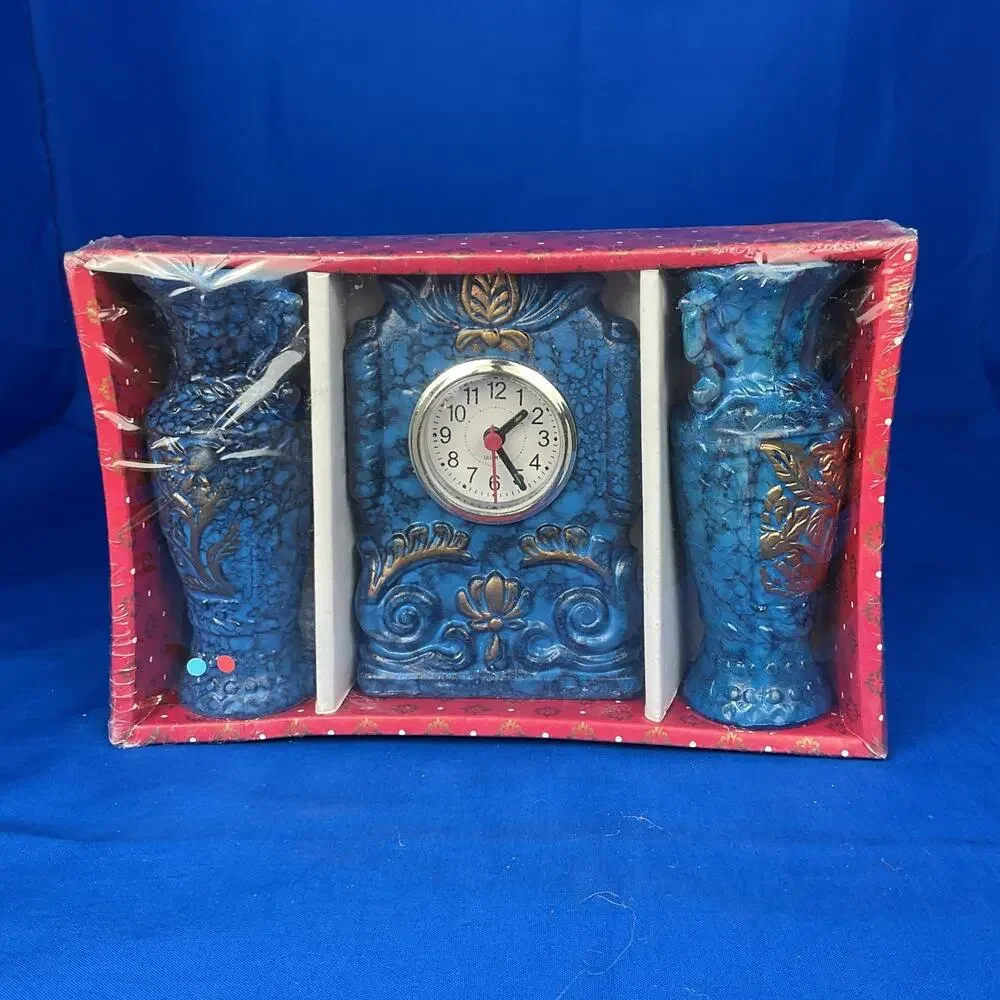 Vintage Blue Faux Marble Quartz Mantel Clock Matching Vases 3pc Gift Set New